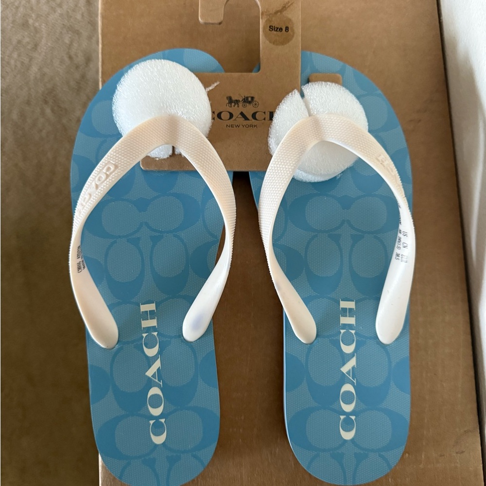 Coach Light Blue and White Flip Flops